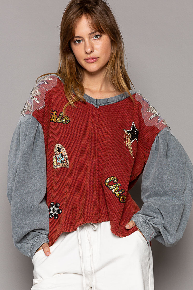 VNECK CHIC TOP W/APPLIQUED SHOULDERS & PATCHES