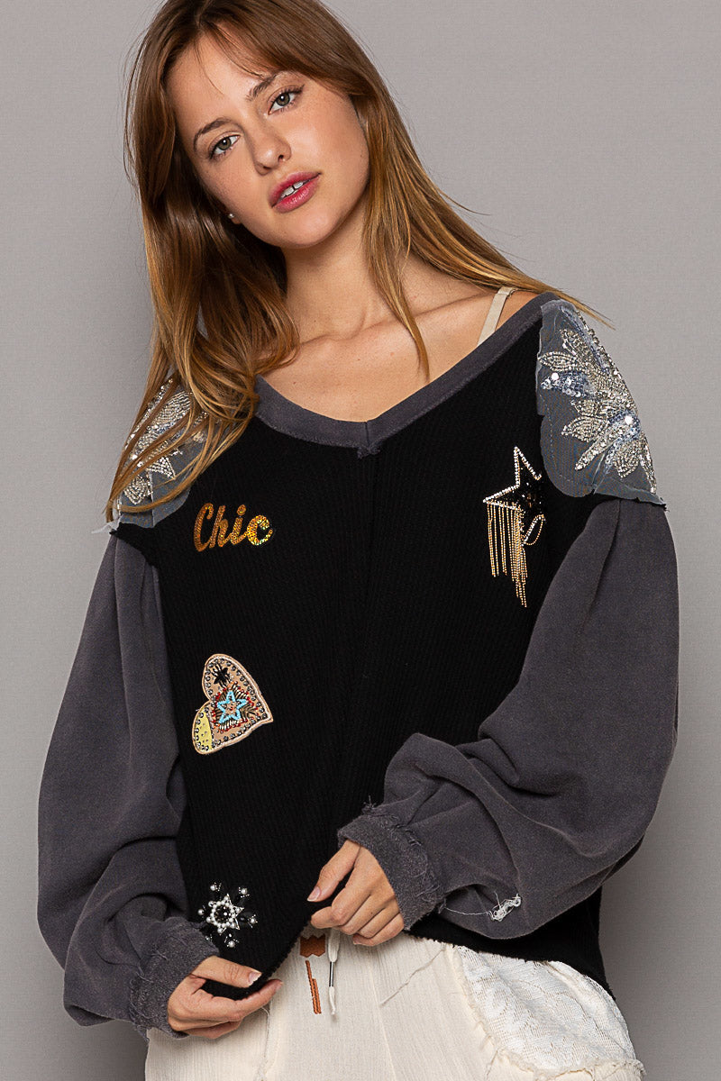 VNECK CHIC TOP W/APPLIQUED SHOULDERS & PATCHES