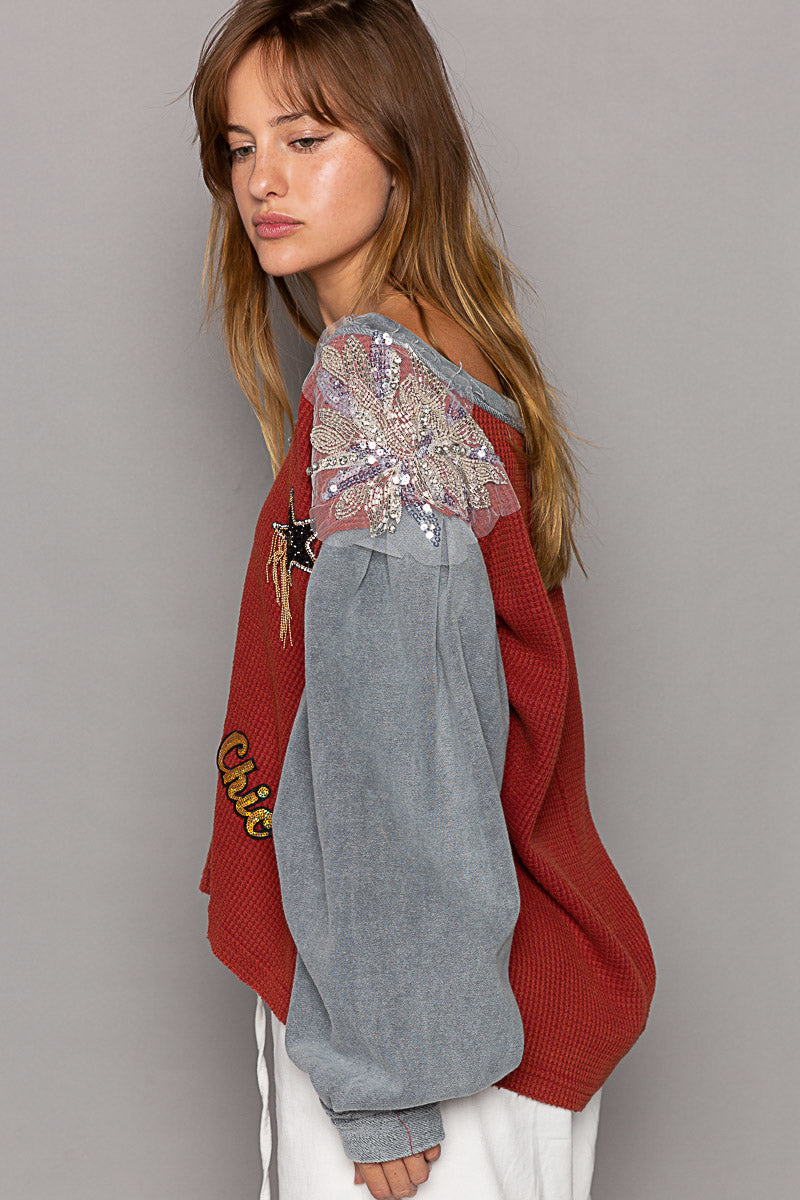 VNECK CHIC TOP W/APPLIQUED SHOULDERS & PATCHES