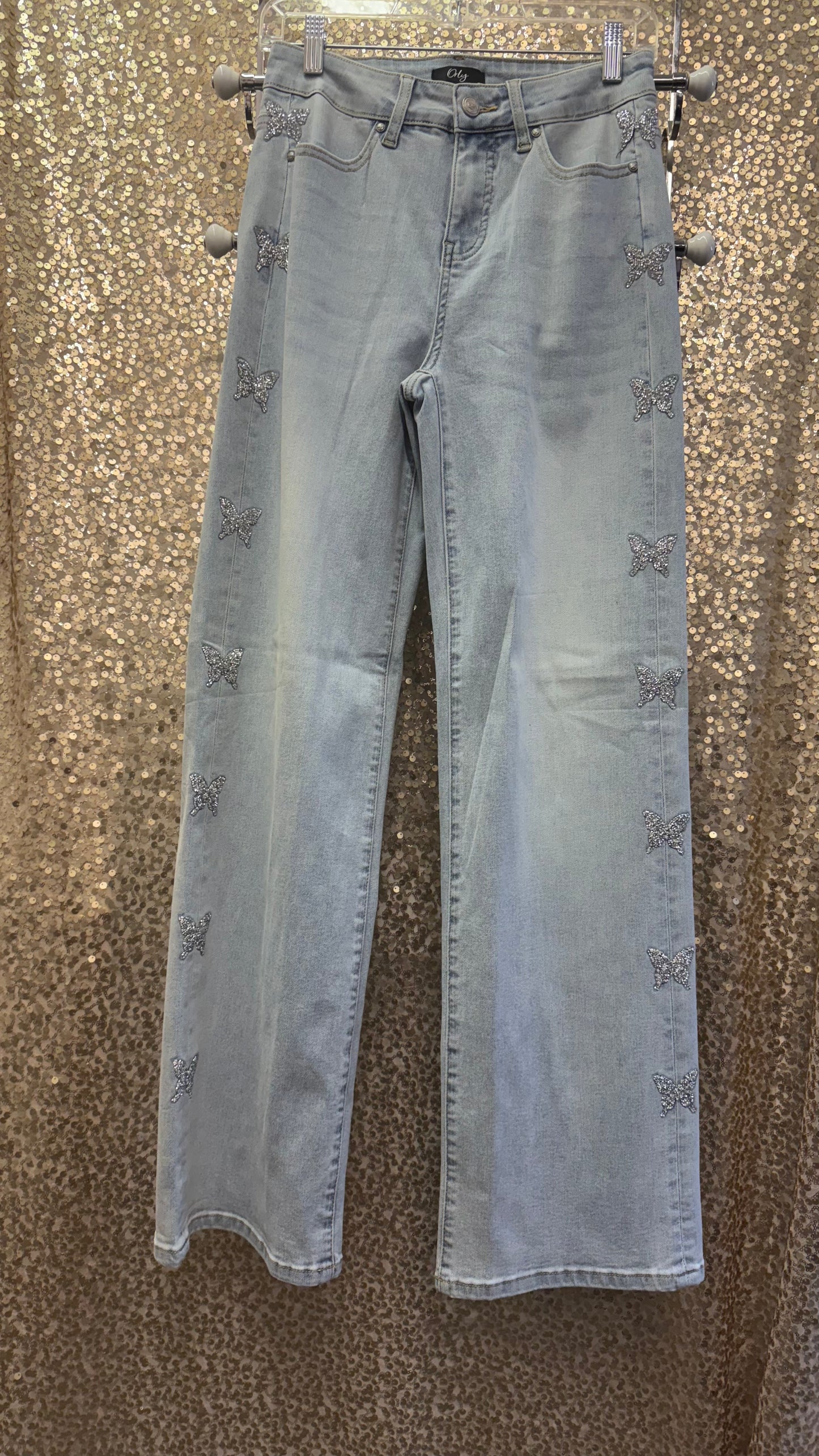 ORLY LIGHT DENIM PANT W/SEQUIN BUTTERFLIES DOWN SIDE