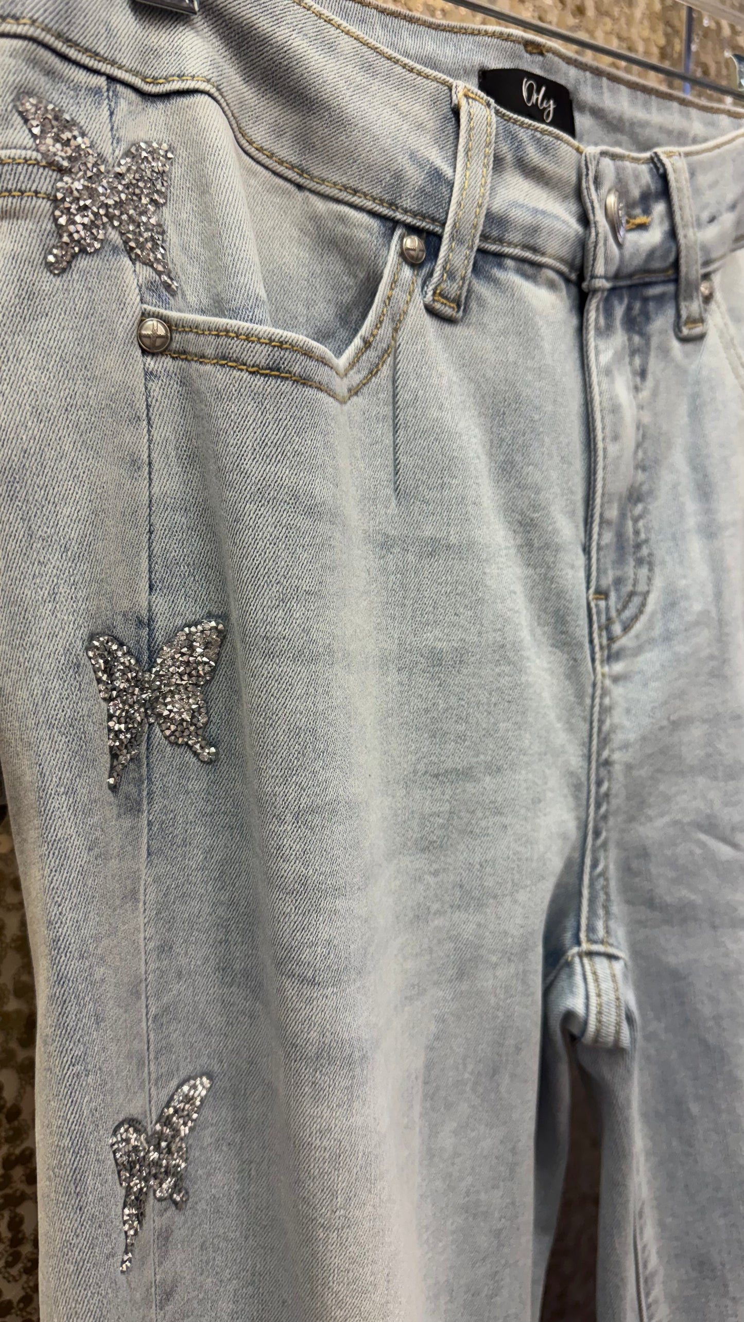 ORLY LIGHT DENIM PANT W/SEQUIN BUTTERFLIES DOWN SIDE