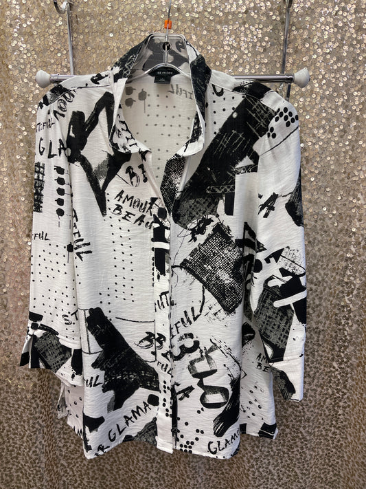 AM BUTTON FRONT TOP WIRE COLLAR 3/4 SLEEVE BLK/WHITE