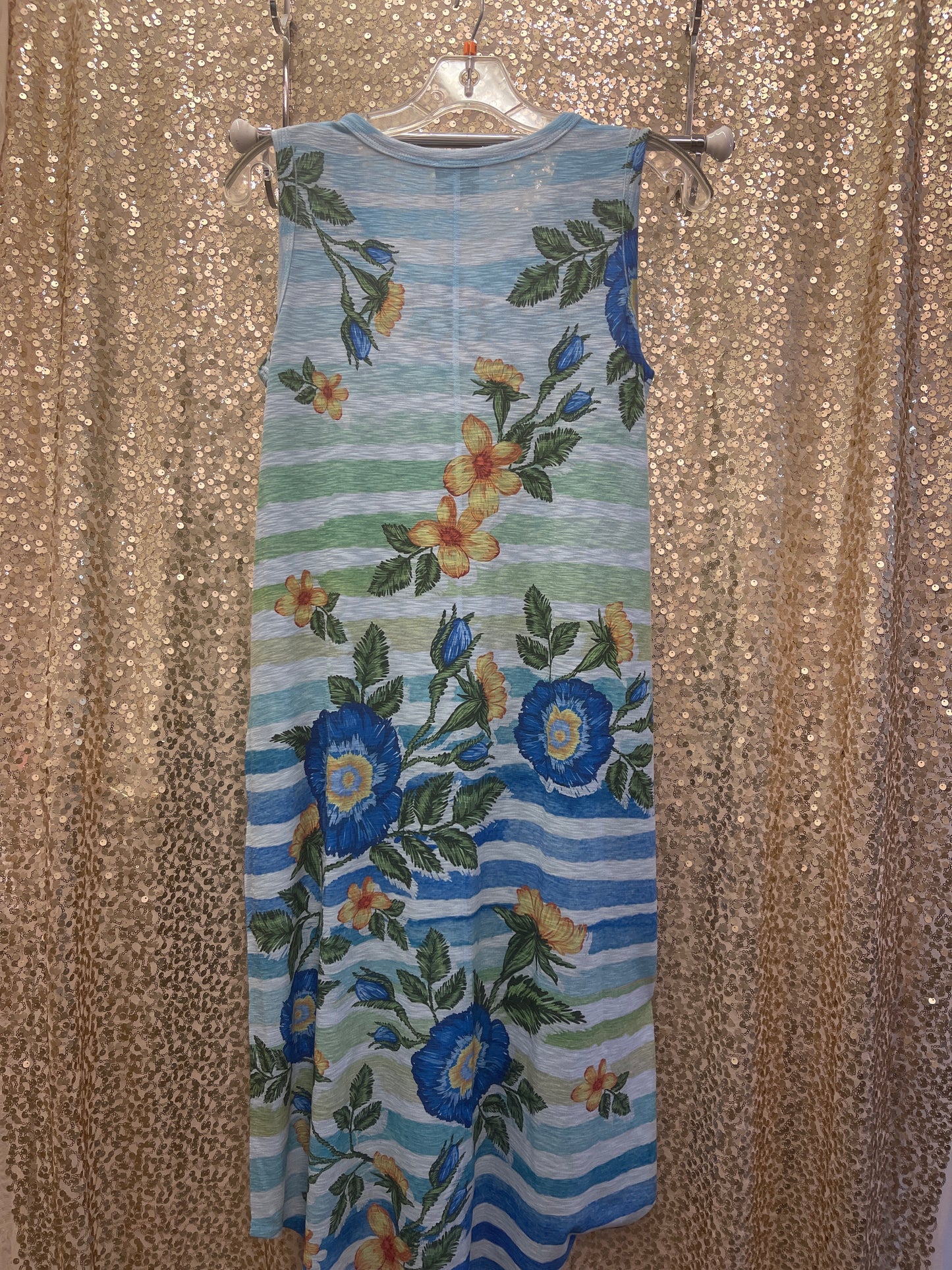 IN SLEEVELESS SKY BLUE TROPICAL BLOOM DRESS