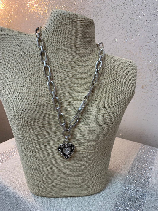 PEWTER LINKS NK WITH HEART DANGLE W/CRYSTAL