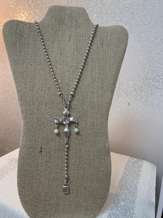 PEWTER BEAD NK W/PEARL DANGLES & CRYSTALS