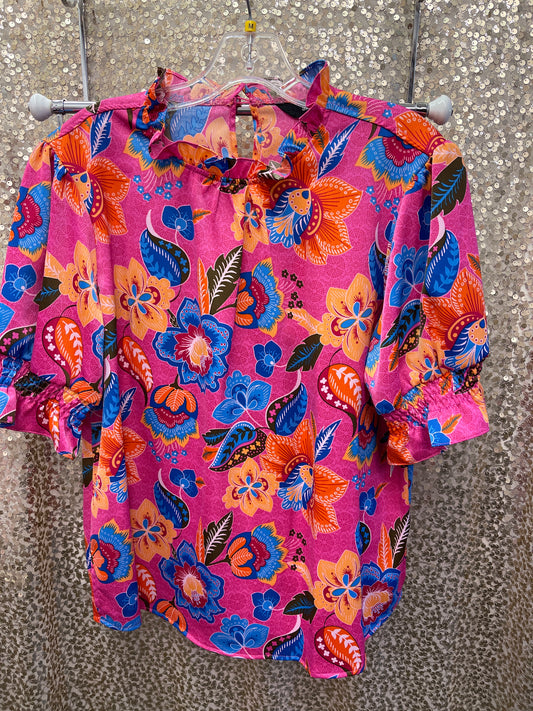 AM TUNIC TOP ELBOW RUFFLE SLV & NECKLINE