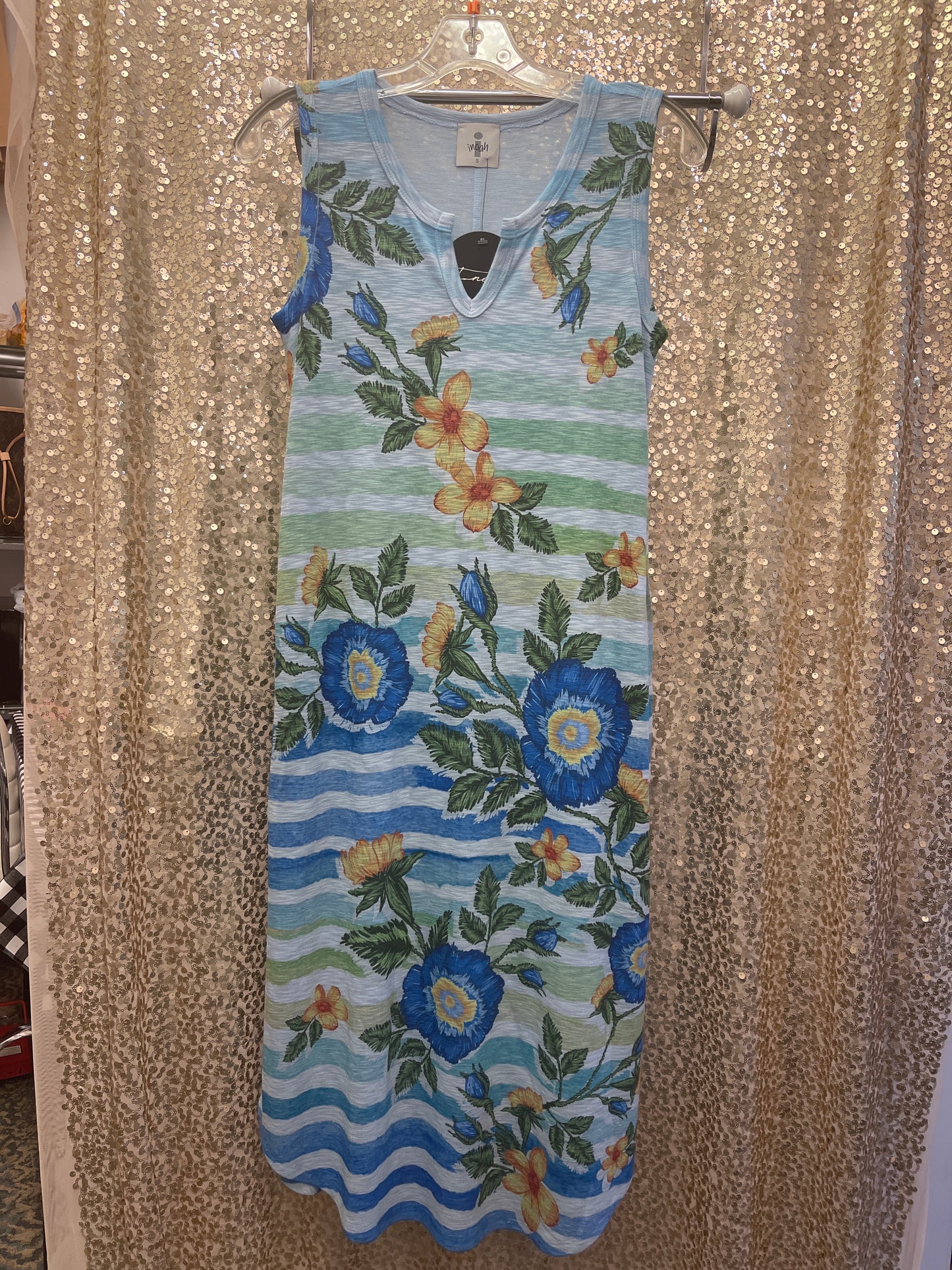 IN SLEEVELESS SKY BLUE TROPICAL BLOOM DRESS