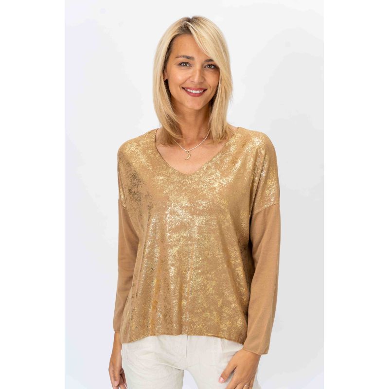 LM V NECK GOLD SHIMMER TOP OS