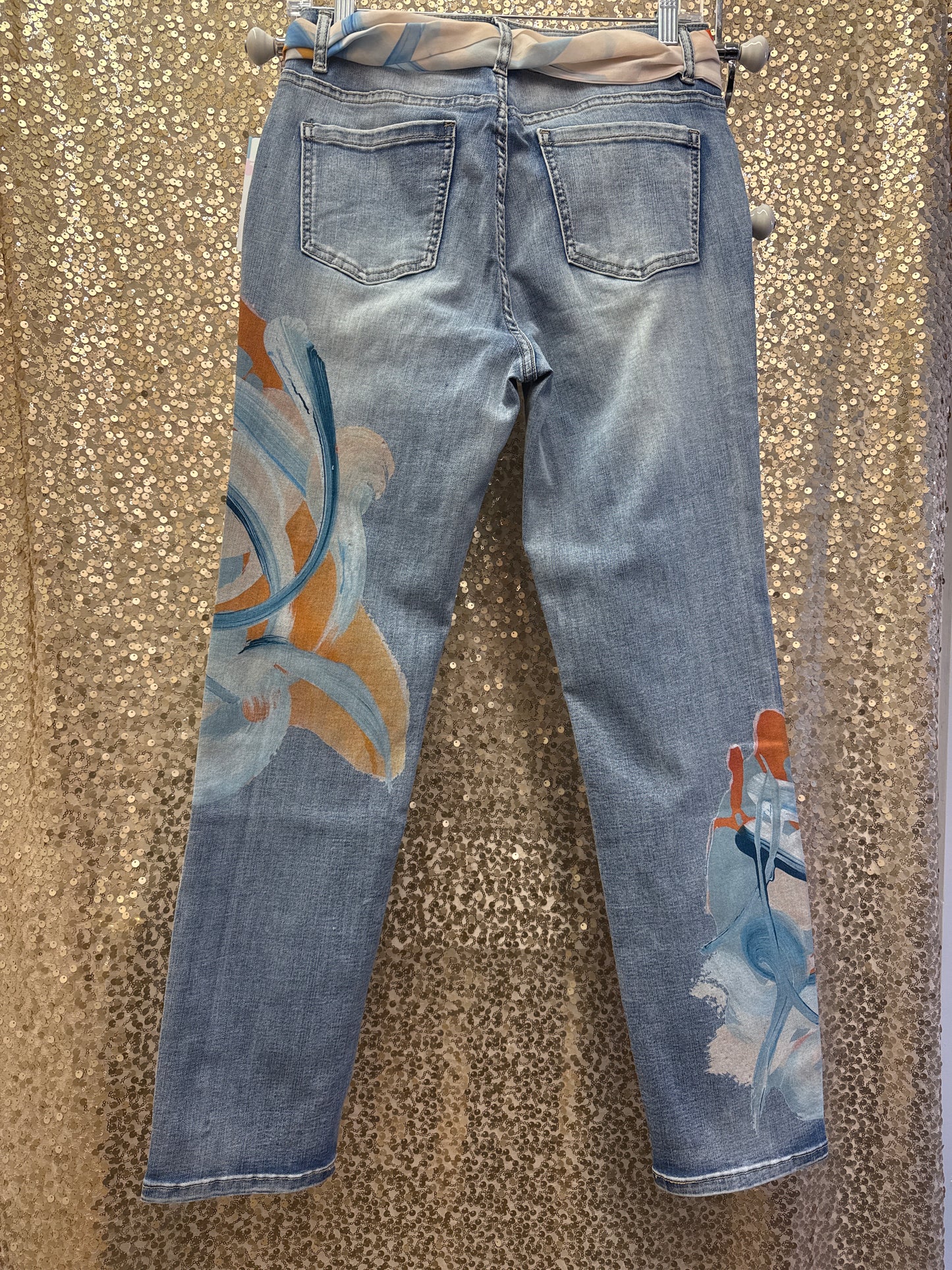 CD DECORATED/PAINTED JEAN W/ SCARF BELT BLUE/ORANGE