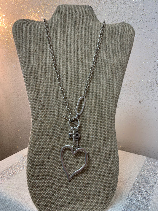 PEWTER LONG OPEN HEART & CHARMS NECKLACE