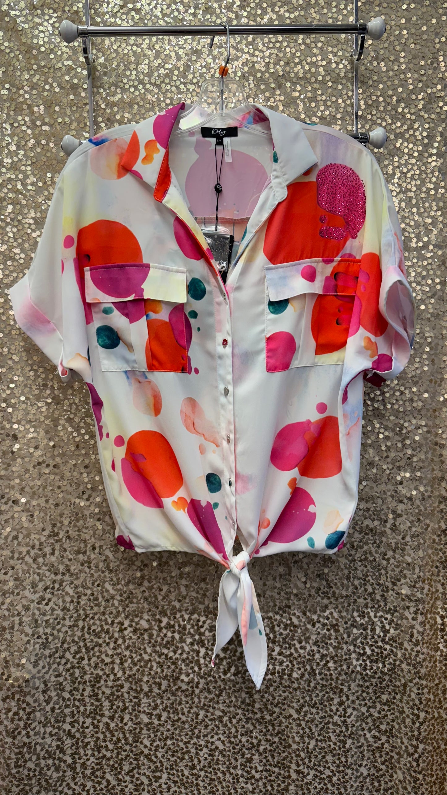 ORLY SPOTTED FRONT TIE BLOUSE