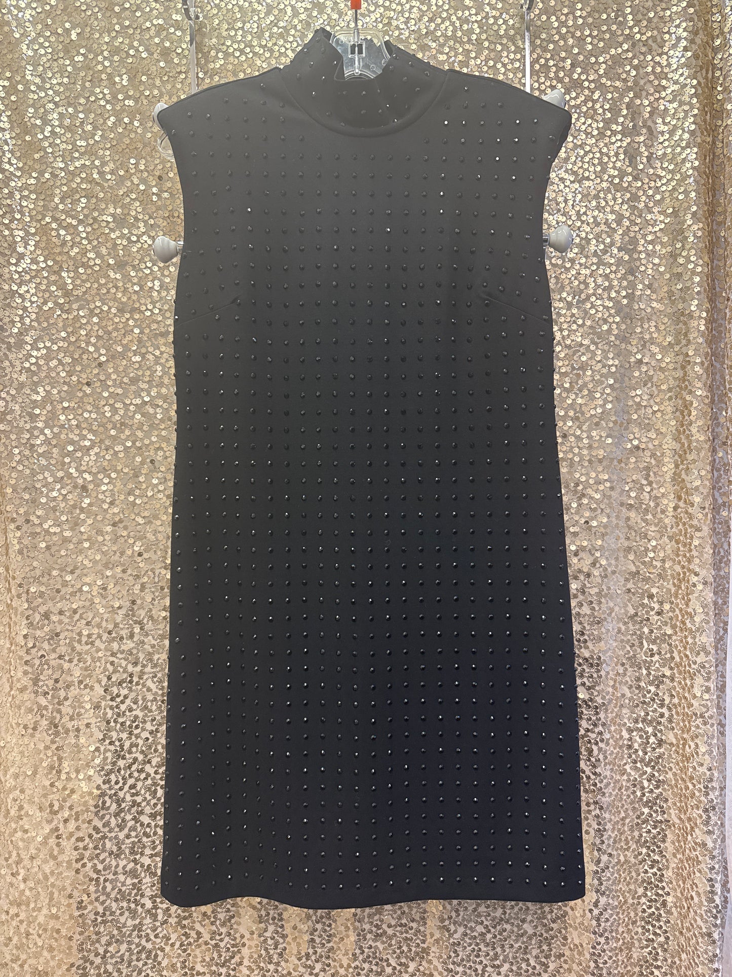 BLACK SLEEVELESS TURTLE NECK DRESS WITH BLK STONES