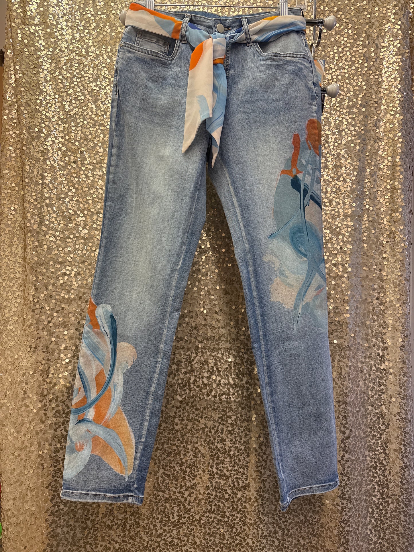 CD DECORATED/PAINTED JEAN W/ SCARF BELT BLUE/ORANGE