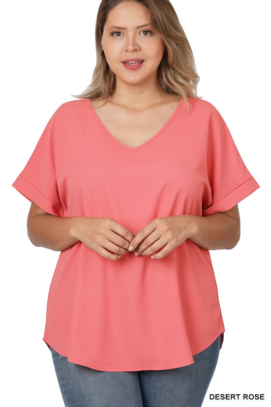 WOVEN ROLLED SLEEVE V-NECK TOP