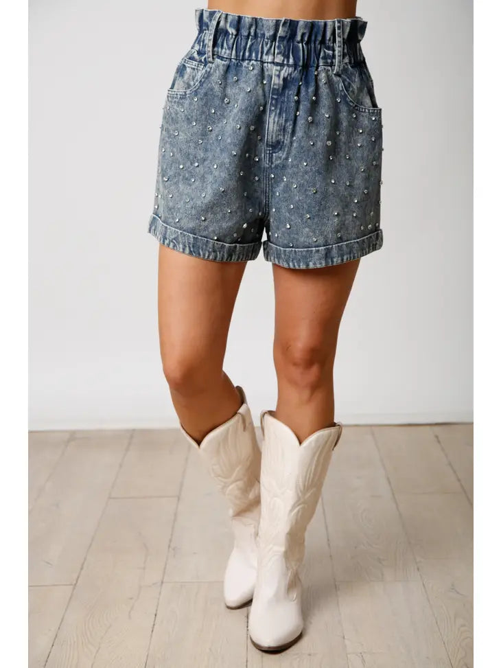 WASHED DENIM PAPER BAG SHORTS