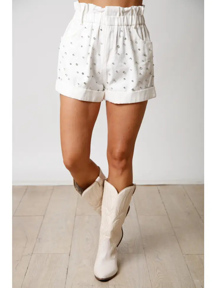 WASHED DENIM PAPER BAG SHORTS