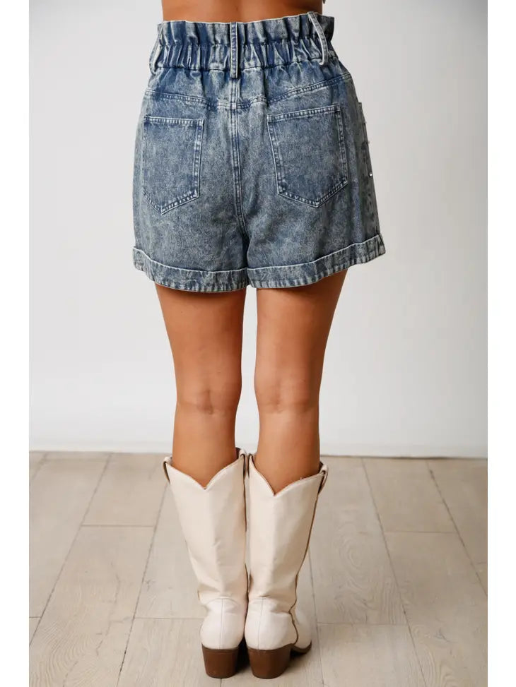 WASHED DENIM PAPER BAG SHORTS