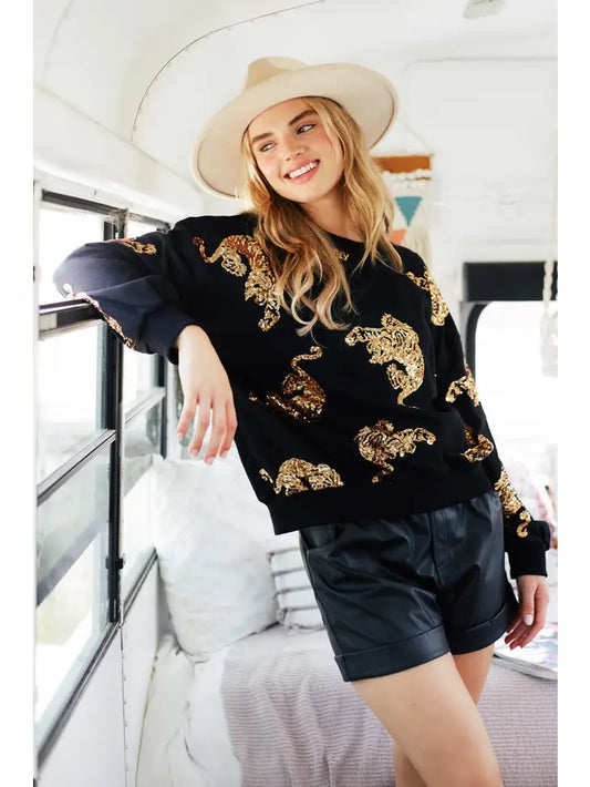 Wild Nights Sequin Tiger Pullover