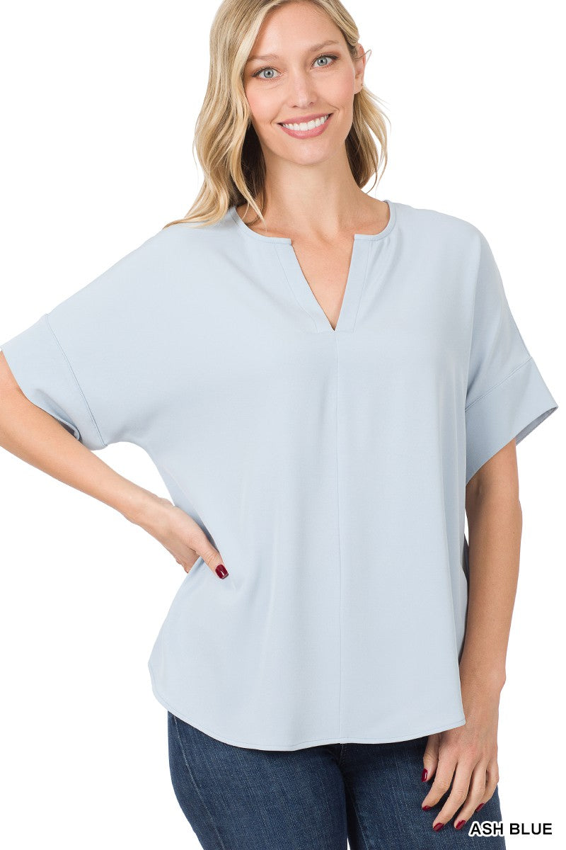 WOVEN SPLIT NECK SHORT SLEEVE TOP