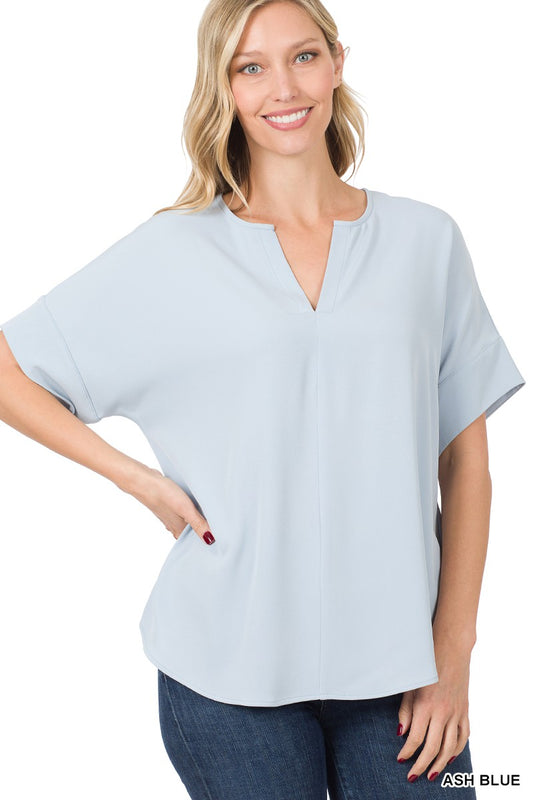 WOVEN SPLIT NECK SHORT SLEEVE TOP
