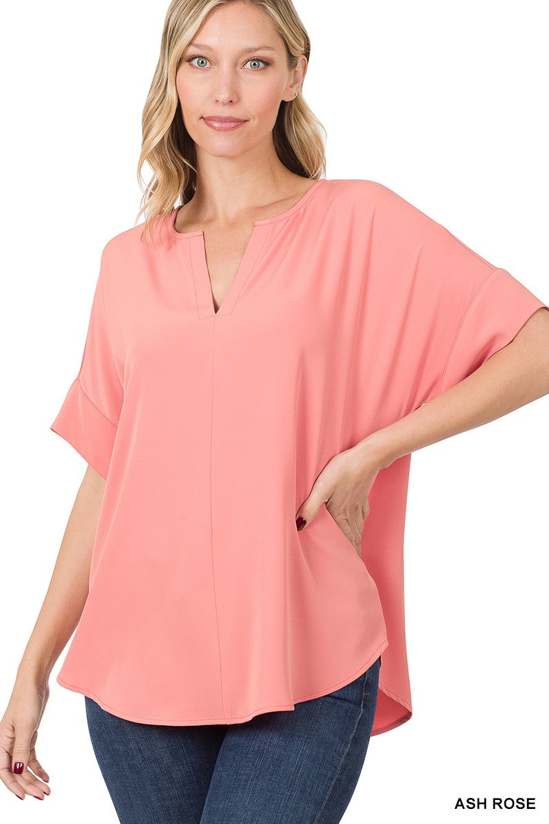 WOVEN SPLIT NECK SHORT SLEEVE TOP